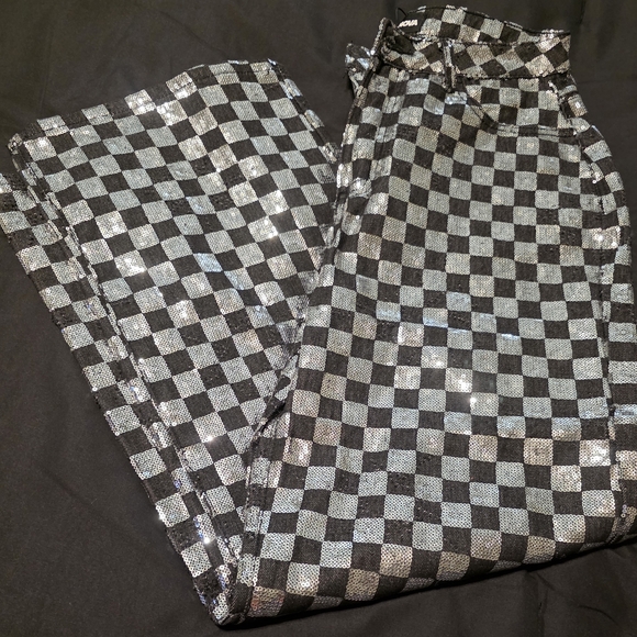 Fashion Nova Pants - Fashion Nova Checkered Wide Leg Pants in Black and Silver